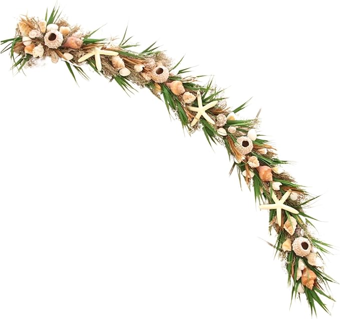 HOLIDAY TREE 5' Green Shell Coastal Christmas Garland – Natural Shells, Faux Grass & Resin Starfish | Beach Christmas Decor for Mantel or Home | Premium Coastal Holiday Garland