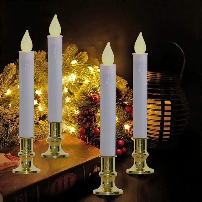 GOOTHY Christmas Window Candles Lights, Automatic Timer LED Flickering Candle Lights with Gold Base (6/18 Hour Timer), 9'' LED Battery Operated Candles for Indoor Table Party Decor- Set of 4