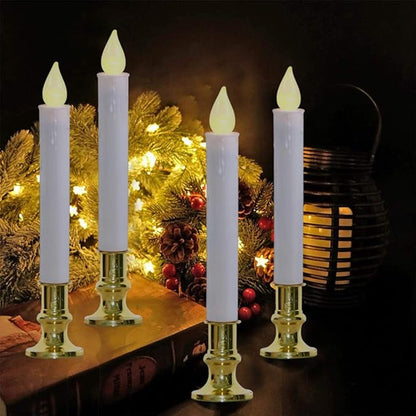 GOOTHY Christmas Window Candles Lights, Automatic Timer LED Flickering Candle Lights with Gold Base (6/18 Hour Timer), 9'' LED Battery Operated Candles for Indoor Table Party Decor- Set of 4