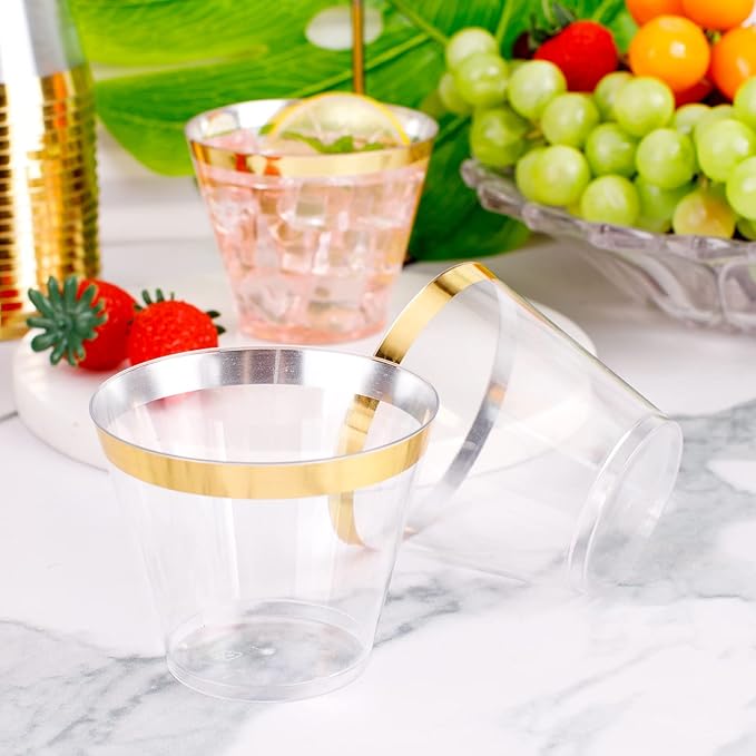 WELLIFE 120 PCS Gold Plastic Cups,9 oz Clear Plastic Cups,Disposable Wine Glasses for Party and Christmas