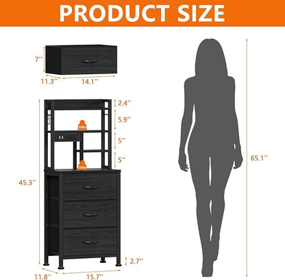 Furnulem Tall Night Stand with 3 Fabric Drawers and LED Lights, Nightstand with Bookshelf, 45.3inch Tall Bedside Tables with USB Ports in Bedroom, Dorm, Office,Metal Frame, Wood Shelves (Black Oak)