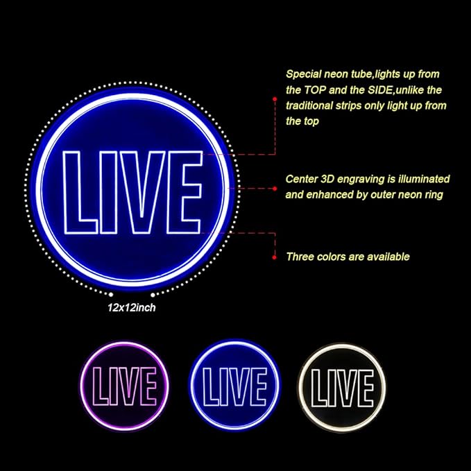 NOXTROND Live Neon Lights Sign, USB Powered Live On Air Led Light, Dimmable Wall Décor Round Live Streaming Neon Night Light LED Sign for Streamer, Gamer, Game Room, Studio Decor (Blue)