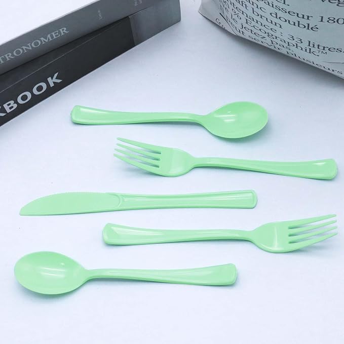150 PCS Sage Green Plastic Silverware Heavy Duty Mint Green Utensil Sets Include 50 Disposable Plastic Forks, 50 Knives, 50 Spoons for Birthday, Baby Shower, Picnic, Spring Party, Wedding