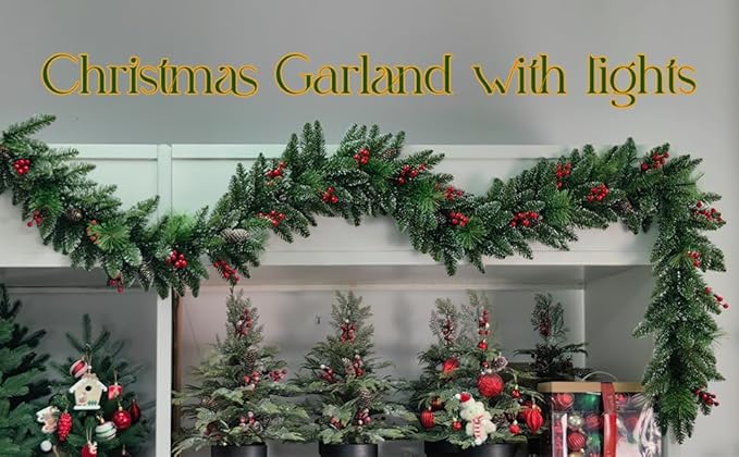 Christmas Garland with Lights, Battery Powered 8 Lighting Modes, 9FT 50 LED Luminous Christmas Decorations Indoor Home Decor.