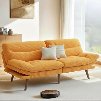 Pipishell Futon Sofa Bed, 66 Inch Corduroy Futon Couch Convertible with Adjustable Backrest and Armrests, Recliner Sleeper Sofa for Small Spaces, Living Room, Office, Guest Room (Yellow, 66 Inch) | Adjustable