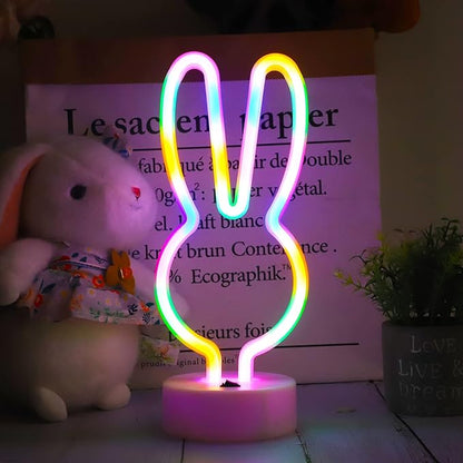 Easter Decorations Neon Bunny Lights, Creative Bunny Neon Signs with Base, Battery/USB Operated, Multi-colored Rabbit Lights for Home, Kids, Spring Decor
