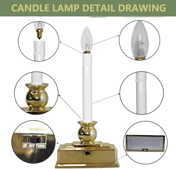 4 Pack Christmas Window Candles, 12 Inch Battery Operated LED Window Candles with Timer (8/16 Hour), 3V C26 Clear LED Bulb, Flameless Window Candle Lights for Christmas Table Party Decor-Gold Base