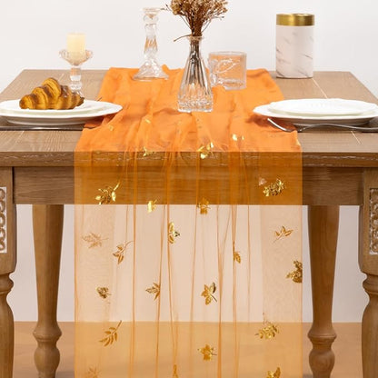 Maple Gold Table Runner for Thanksgiving Sheer Gauze Cheesecloth 120 Inch with Glitter Harvest Table Decor for Family Feasts Dining Room Home Celebration - Orange