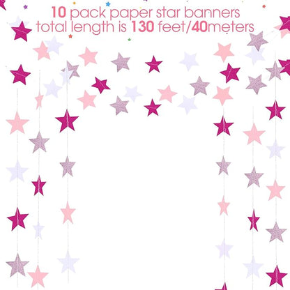 Patelai Glitter Star Garland Banner Christmas Decoration 130 Feet Star Hanging Bunting Banner Twinkle Backdrop for Homecoming Classroom Wedding Birthday Halloween Supplies(Pink,Rose Red,White)