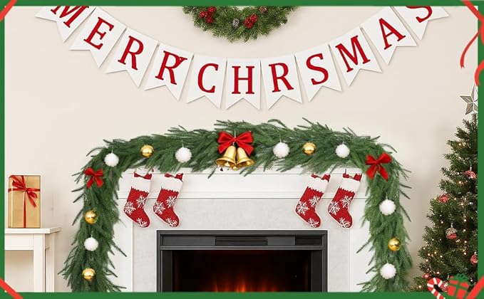 9FT Christmas Norfolk Pine Garland, Artificial Pine Needles Winter Garlands Faux Greenery Fake Garland for Holiday Fireplace,Table, Window, Stairs, Mante, Indoor Outdoor Decor (1 Pack, 9 FT)