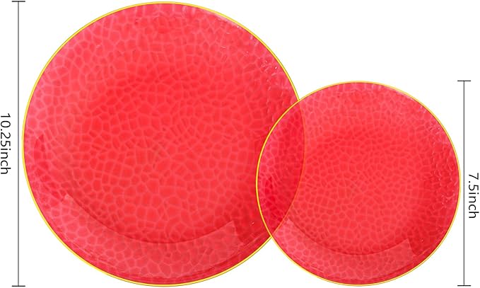 SUT 36Pcs Red Plastic Plates, Hammered Plates Disposable Heavy Duty, Red Disposable Plates With Gold Rim, Fancy Plastic plates Include 18 Dinner and 18 Dessert plates for Wedding