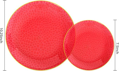 SUT 36Pcs Red Plastic Plates, Hammered Plates Disposable Heavy Duty, Red Disposable Plates With Gold Rim, Fancy Plastic plates Include 18 Dinner and 18 Dessert plates for Wedding