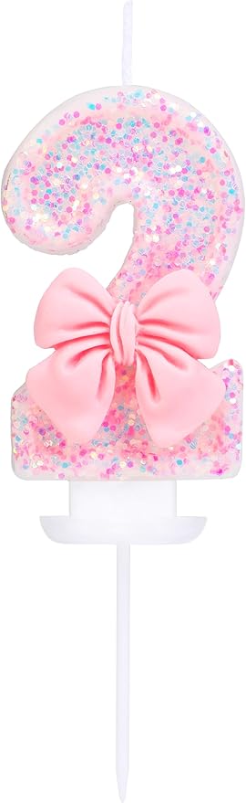 Number 2 Birthday Candle Pink Bowtie Glitter Number 2 Candle Birthday Girl Pastel Sweet Theme 2nd Birthday Party or Adults Milestone Age Decoration