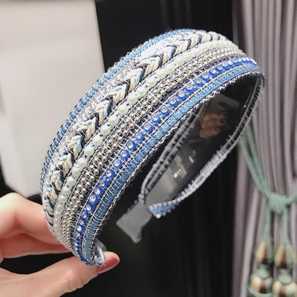 Women's Boho Sequin Pearls Headbands for Women Non Slip, Girls Sparkly Wide Hair Accessories Christmas Gift (Boho Blue Wide)