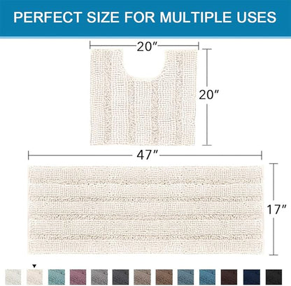 H.VERSAILTEX Bathroom Rugs Bath Rug Set 2 Piece Bathroom Contour Rug Toilet Mat Sets Non Slip Contour Bath Rug Ultra Thick Water Absorbent Striped Bath Mats Washable(47" x 17" Plus 20" x 20" U, Ivory)