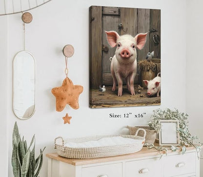 Farmhouse Pig Wall Art,Rustic Pig Canvas Prints Painting,Farm Animal Wall Art Country Bathroom Decor Print Painting Framed Artwork for Bedroom Kitchen12 X16