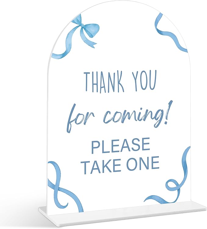 Thank You For Coming Sign - Blue Bow Baby Shower Sign, 1 Pack Arch Acrylic Sign with Stand, Gender Reveal Party Table Decor, Blue Baby Shower Supplies (SP13)