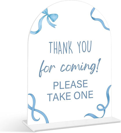 Thank You For Coming Sign - Blue Bow Baby Shower Sign, 1 Pack Arch Acrylic Sign with Stand, Gender Reveal Party Table Decor, Blue Baby Shower Supplies (SP13)