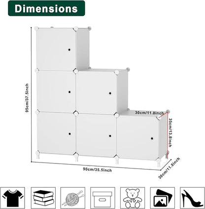 Cube Storage Organizer, 6-Cube Shelves Unit with Doors, DIY Stackable Plastic Clothes Organizer for Bedroom and Under Stairs Storage Unit, Each Compartment 30 x 30 x 30 cm White ATTSL6002
