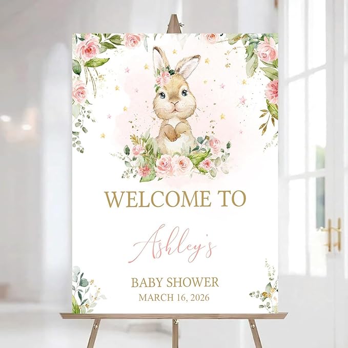 Personalized Bunny Rabbit Baby Shower Welcome Sign for Girl, Pink Peter Rabbit Theme, Greenery Bunny baby shower sign, Gift for Boys & Girls, Gender Reveal Decor, Birthday Party Favors (Style 13)