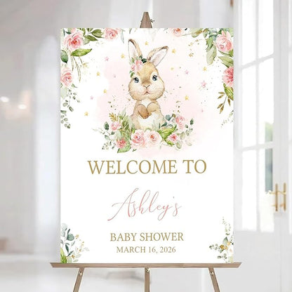 Personalized Bunny Rabbit Baby Shower Welcome Sign for Girl, Pink Peter Rabbit Theme, Greenery Bunny baby shower sign, Gift for Boys & Girls, Gender Reveal Decor, Birthday Party Favors (Style 13)