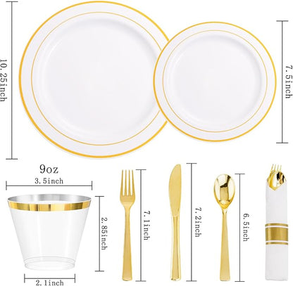 DaYammi 350PCS Gold Plastic Dinnerware Set for 50 Guests, Thanksgiving Plates Disposable, Include: 50 Dinner Plates, 50 Dessert Plates, 50 Pre Rolled Napkins with Gold Silverware, 50 Cups