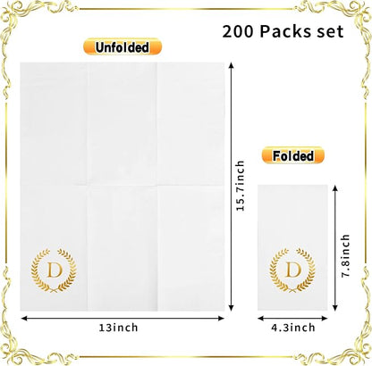 200 Pack Monogrammed Disposable Napkins Gold Foil Letter D Guest Napkins Initial Disposable Hand Paper Towels for Wedding Engagement Baby Shower Party Home Kitchen Bathroom Dinner Decorative Towels