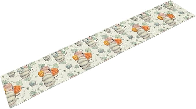 Fall Pumpkin Table Runner Vintage Leaves Plant Motifs Thanksgiving Theme Watercolor Illustration Home Decor for Farmhouse Indoor Outdoor Party Holiday Dining Kitchen Restaurant Cafe W13xL108in