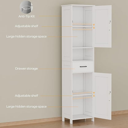 Homhedy 67" H Tall Bathroom Storage Cabinet with 2 Barn Doors and 1 Drawer, Narrow Storage Unit, Adjustable Shelves, Floor Cabinet for Bathroom, Living Room, Entryway, Kitchen, White, (15.7" W)