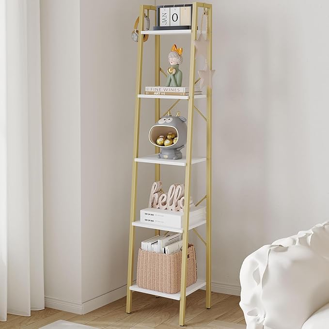Ladder Shelf, Bookshelf Bookcase, Freestanding Corner Storage Shelve with 2 Hooks for Home Office, Living Room, Kitchen, Bedroom, Industrial, 11.8" D x 13.4" W x 63" H, White Gold BC03213G