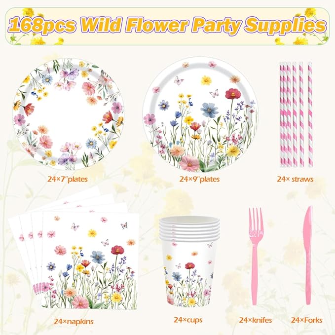 168Pcs Wildflower Party Supplies Wildflower Plates and Napkins Cups Disposable Tableware for Girls Baby Shower Birthday Spring Summer Floral Wedding Tea Party Decorations, Serves 24 Guests