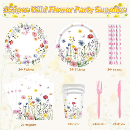 168Pcs Wildflower Party Supplies Wildflower Plates and Napkins Cups Disposable Tableware for Girls Baby Shower Birthday Spring Summer Floral Wedding Tea Party Decorations, Serves 24 Guests