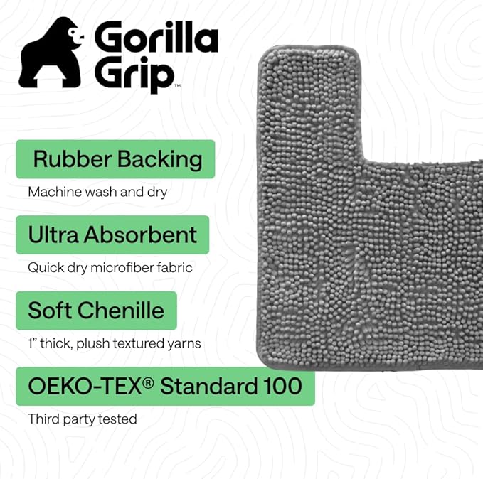 GORILLA GRIP Plush Absorbent Shaggy Chenille Bath Rug Mat for Square Toilet Base with Rubber Backing, Machine Washable Rugs, Soft Microfiber Contour Mats for Toilets, Bathroom Decor, Grey