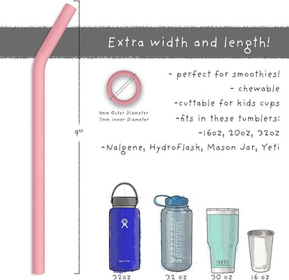 Reusable Silicone Drinking Straws - Big Size with Curved Bend for Tumblers Made from BPA Free No-Rubber Silicon - Flexible, Collapsible, Chewy, Bendy, Safe for Kids/Toddlers