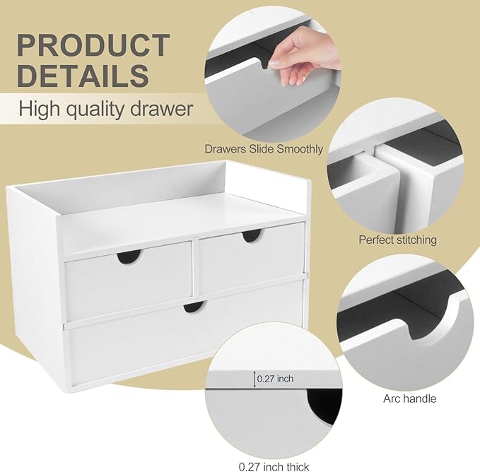 Bamboo Desk Organizer 3 Drawer with Shelf, Countertop Organizer with Drawers Makeup Storage Drawer 3 Drawers Tabletop Storage Organization Box Home Office Workspace（White）