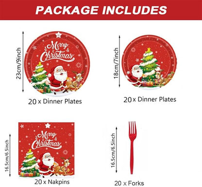 80PCS Christmas Plates and Napkins, Cartoon Santa Claus Snowman Christmas Disposable Dinnerware Set Party Supplies, Serves 20 (Green)