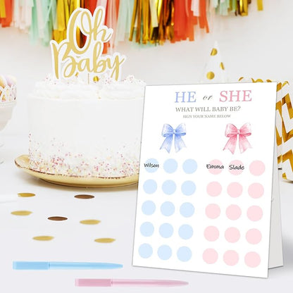 Gender Reveal Party Games, Pink Blue Bow Theme Baby Gender Reveal Voting Board Sign, Boy or Girl Voting with Two Pens, He or She, Baby Gender Reveal Party Decorations Games for Boy or Girl Shower