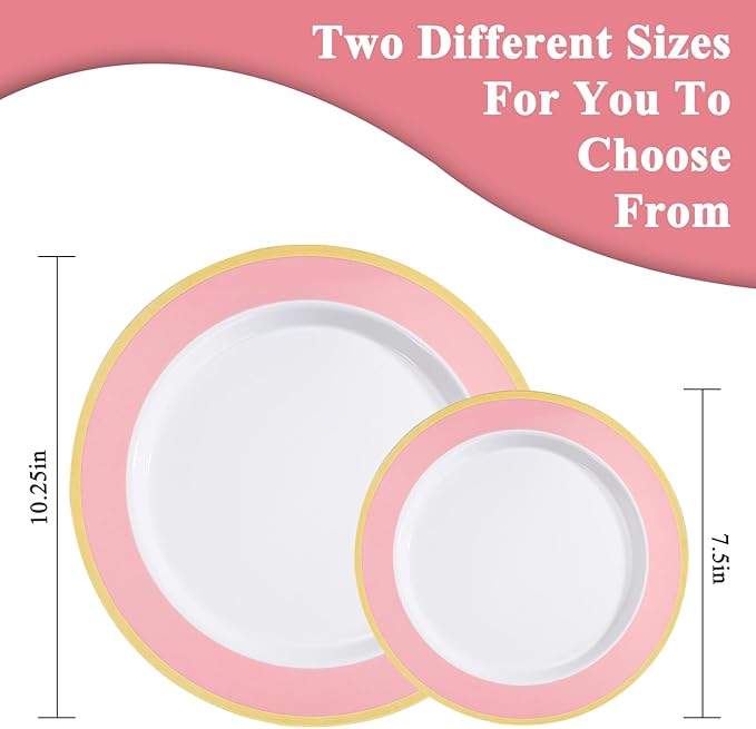 100PCS Pink Disposable Plastic Plates Include 50PCS 10.25inch Dinner Plate and 50PCS 7.5inch Dessert Plate Heavy Duty Plastic Dinnerware for Party Wedding Anniversary New Year