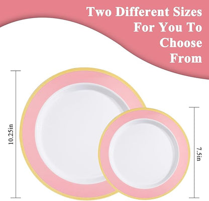 100PCS Pink Disposable Plastic Plates Include 50PCS 10.25inch Dinner Plate and 50PCS 7.5inch Dessert Plate Heavy Duty Plastic Dinnerware for Party Wedding Anniversary New Year