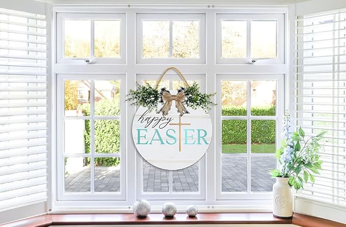 Boylee Easter Wooden Hanging Sign Happy Easter Sign Door Decoration with Bow Rustic Easter Wood Wreath Sign for Easter Spring Holiday Home Coffee Shop Bakery Farmhouse Window