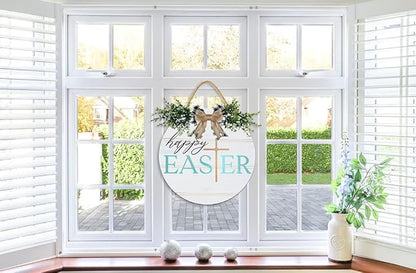 Boylee Easter Wooden Hanging Sign Happy Easter Sign Door Decoration with Bow Rustic Easter Wood Wreath Sign for Easter Spring Holiday Home Coffee Shop Bakery Farmhouse Window