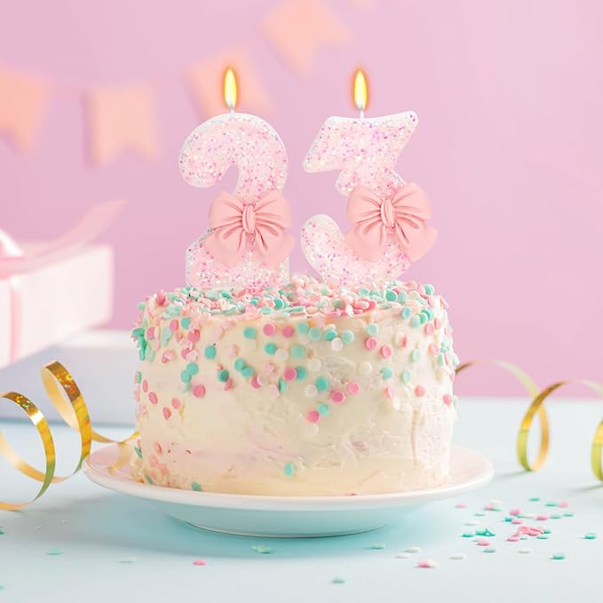 23rd Birthday Candles for Cake, Pink Bow Number Cake Candles, 2.76 inch Number Happy Birthday Candle, Cake Topper Decoration for Birthday Party (Number 23)