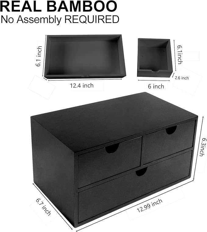 Bamboo Desk Organizer with 3 Drawers, Countertop Organizer with Drawers Makeup Storage Drawer 3 Drawer Tabletop Storage Organization Box Home Office Workspace（Black）