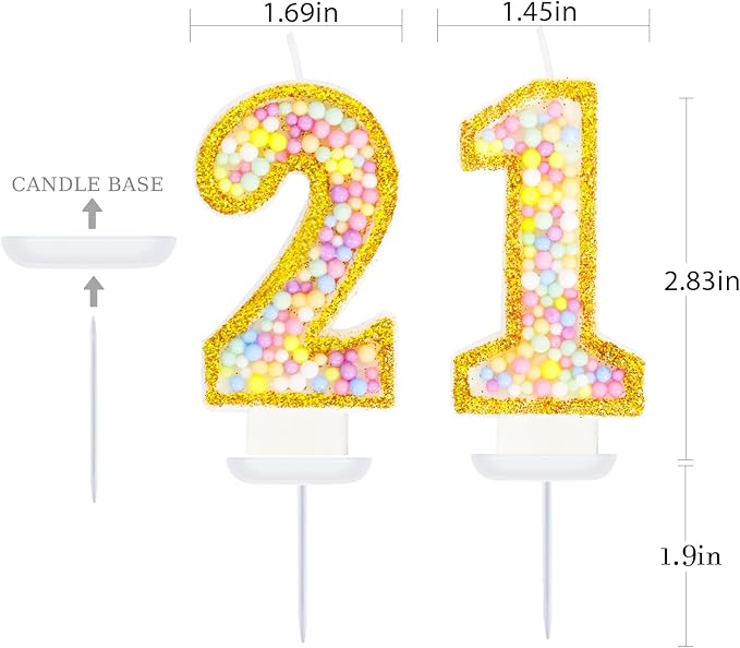 21st Birthday Candle for Cake, Colorful Macaron Numeral Candles for Women/Men, Birthday Party Cake Decorations, Golden Cake Topper for Birthday Party Supplies (Number 21)