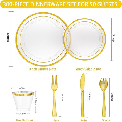 WELLIFE 300 PCS Clear Gold Dinnerware Set for 50 Guests, Clear and Gold Plastic Plates for Party, 50 Dinner Plates, 50 Salad Plates, 50 Cups Forks Knives Spoons for Wedding and Party Supplies