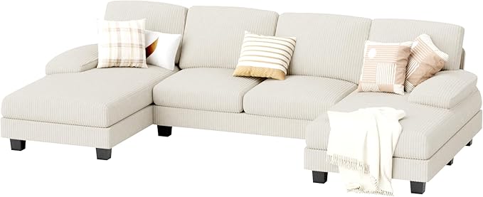JUMMICO Sectional Couches for Living Room, U Shaped Couch with Chenille Fabric, 4 Seat Modern Sofa with Removable Pillows for Apartment and Small Space (Corduroy, Beige)