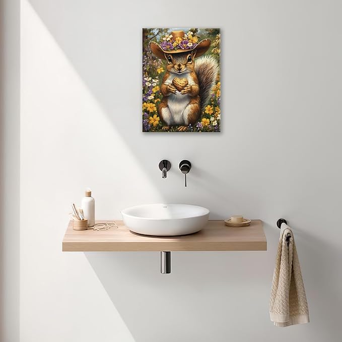 Western Squirrel Wall Art, Squirrel Peanut Pictures Wall Decor, Country Rustic Animal Canvas Prints, Forest Flower Painting, Framed Artwork for Bathroom Living Room Bedroom Dining Room 24"X16"