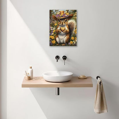 Western Squirrel Wall Art, Squirrel Peanut Pictures Wall Decor, Country Rustic Animal Canvas Prints, Forest Flower Painting, Framed Artwork for Bathroom Living Room Bedroom Dining Room 20"X16"