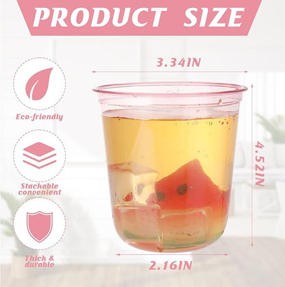50pcs 12oz Disposable Stemless Glasses,PET Disposable Drinking Cups,Cold Party Clear Plastic Wine Glasses for Parties Birthday,Wedding,Meeting,Christmas Party Supplies. (Pink)