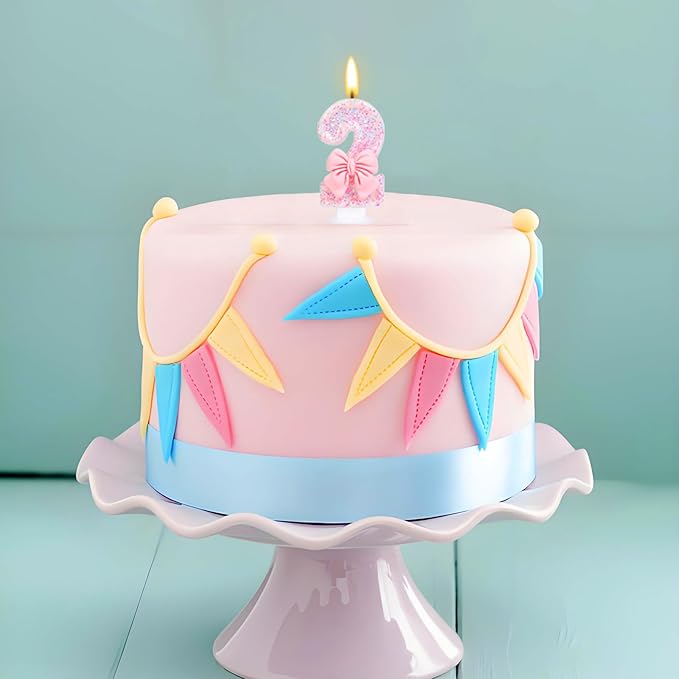 Number 2 Birthday Candle Pink Bowtie Glitter Number 2 Candle Birthday Girl Pastel Sweet Theme 2nd Birthday Party or Adults Milestone Age Decoration